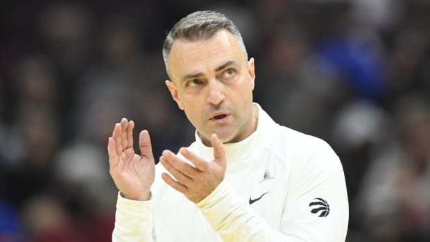 Nov 26, 2023; Cleveland, Ohio, USA; Toronto Raptors head coach Darko Rajakovic reacts in the second quarter against the Cleveland Cavaliers at Rocket Mortgage FieldHouse.
